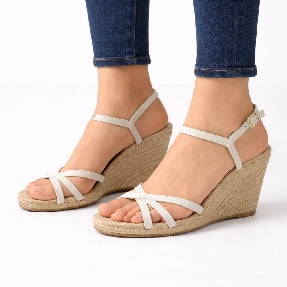 Ras Espadrille Wedge Sandals Beige Neutral Ankle Strap Women’s Size 9–9.5